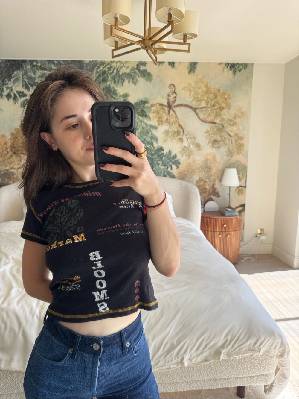 Women's Black Graphic Short Sleeve Crop Top